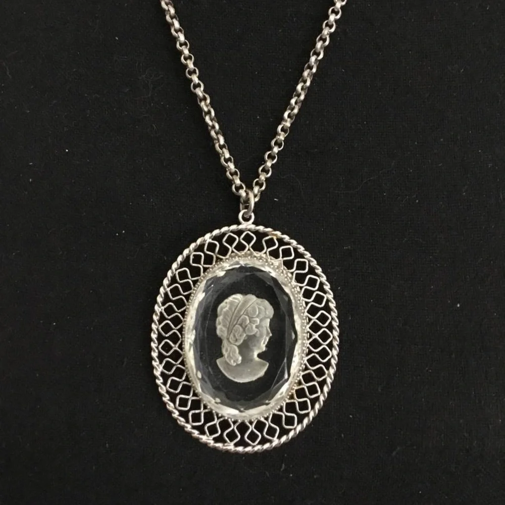 Whiting & Davis Silver-Tone Cameo Pendant Necklace - Picture 3 of 5